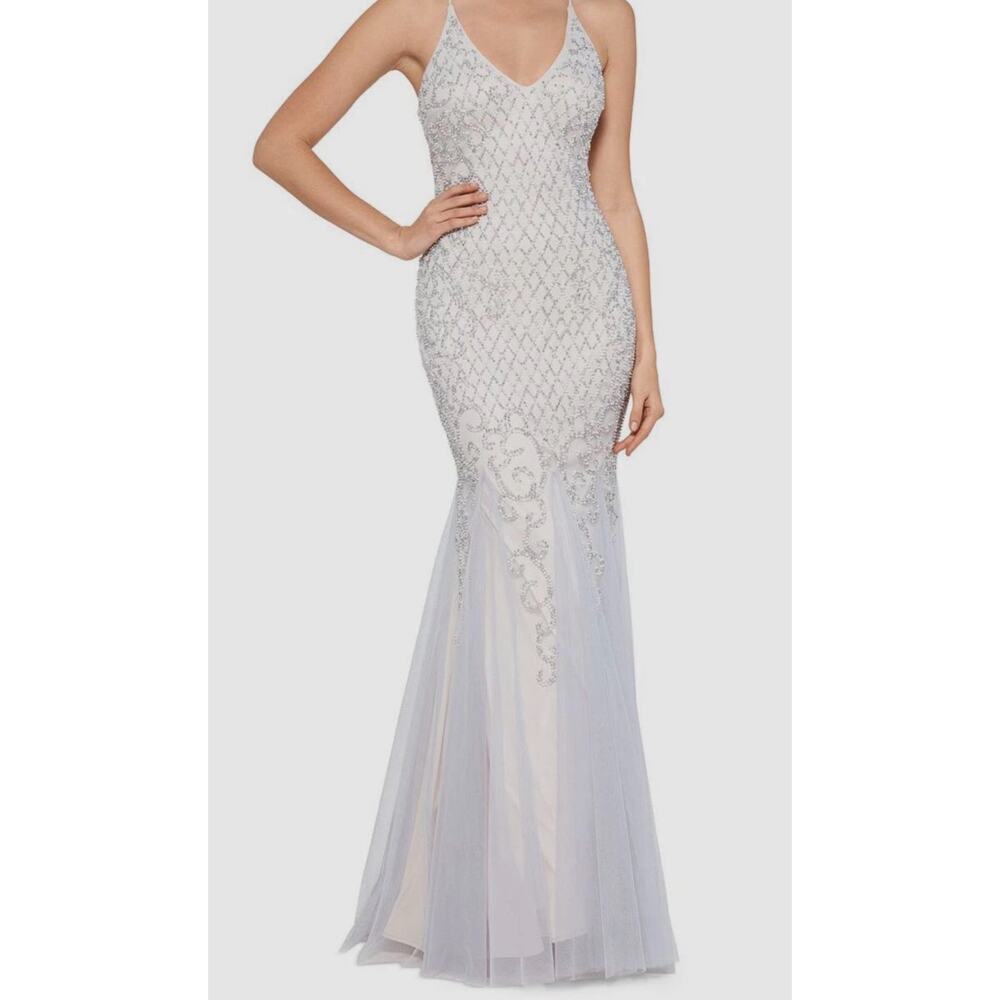 Xscape Women's White/Silver Embroidered Open Back Dress Gown Size US 4